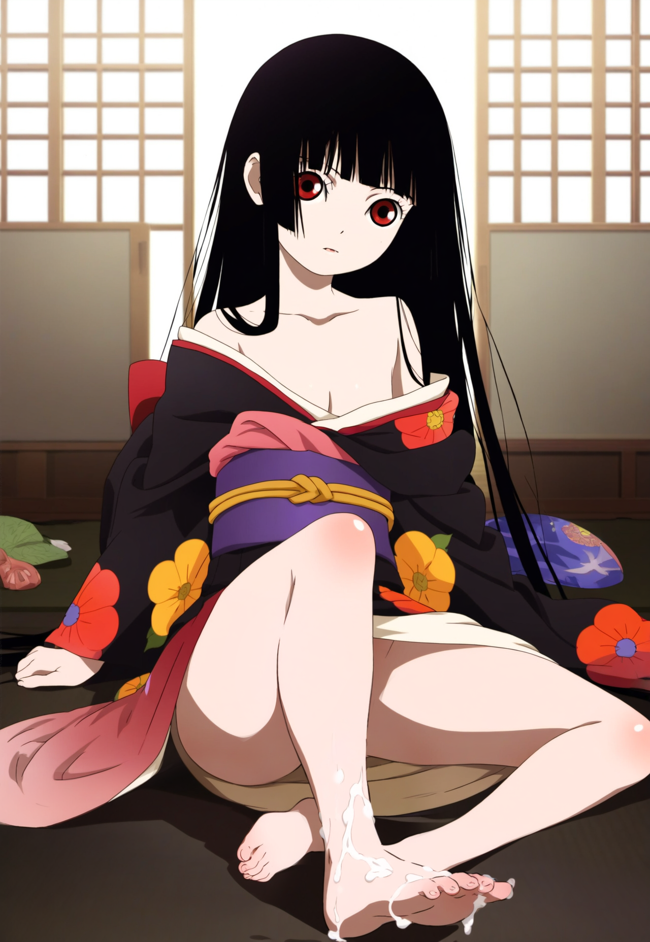 1girl, enma ai, <b>jigoku</b> <b>shoujo</b>, cleavage, kimono, feet, flat chest, cum on f...